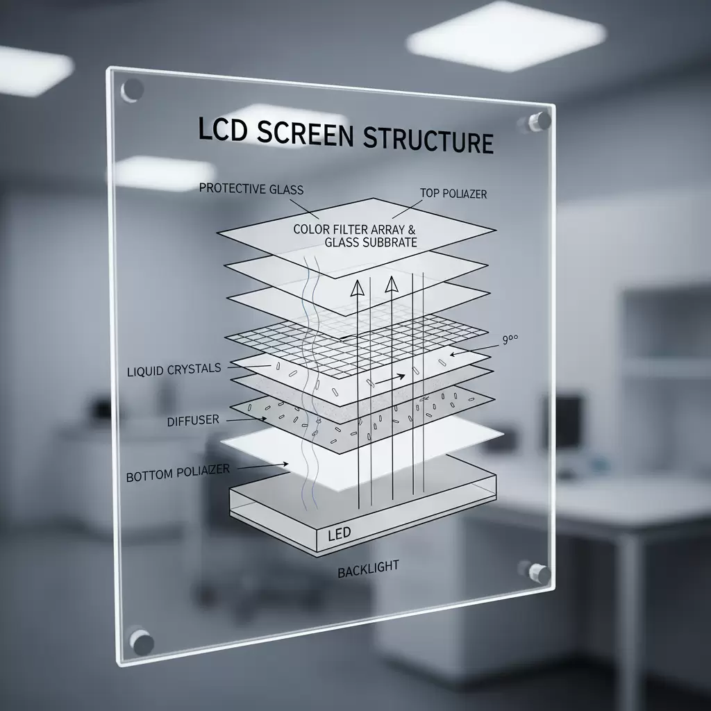 gemini_image_1768836060-1 Sơ đồ mô phỏng cấu trúc đa lớp tinh vi bên trong một tấm nền LCD