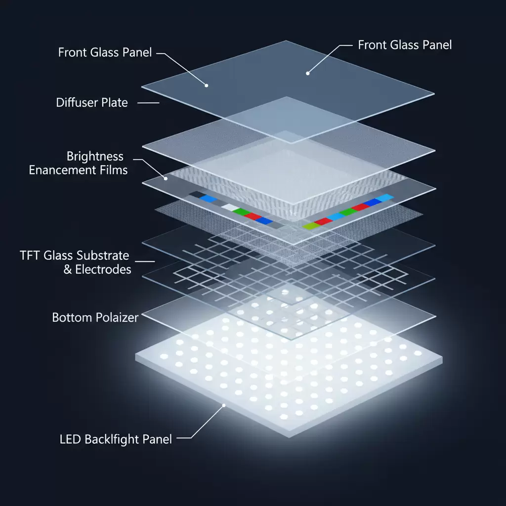 gemini_image_1768836350 Sơ đồ cấu tạo nhiều lớp của màn hình LCD sử dụng hệ thống đèn nền