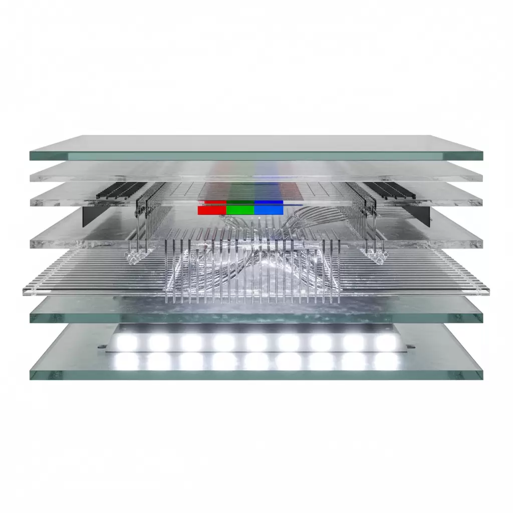Sơ đồ mô phỏng cách sắp xếp các tinh thể lỏng theo chiều ngang của tấm nền IPS