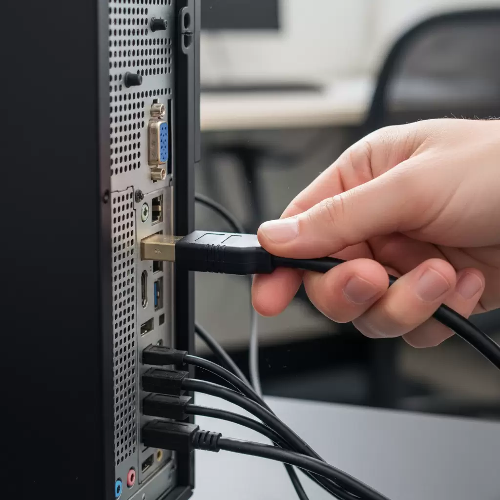 Thao tác cắm cáp HDMI vào cổng kết nối trên máy tính