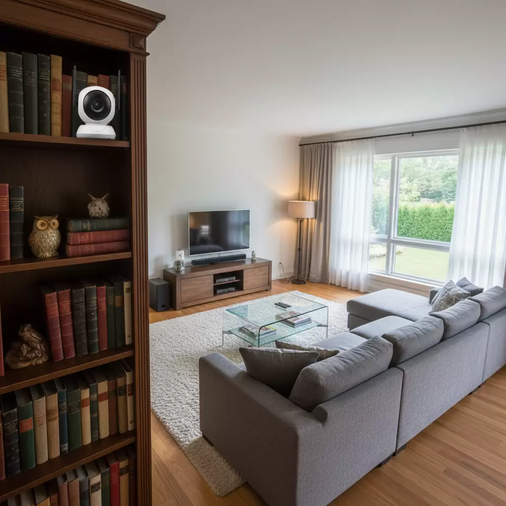 gemini_image_1768841417-1 Đặt camera trên kệ cao là giải pháp linh hoạt để quan sát toàn bộ căn phòng