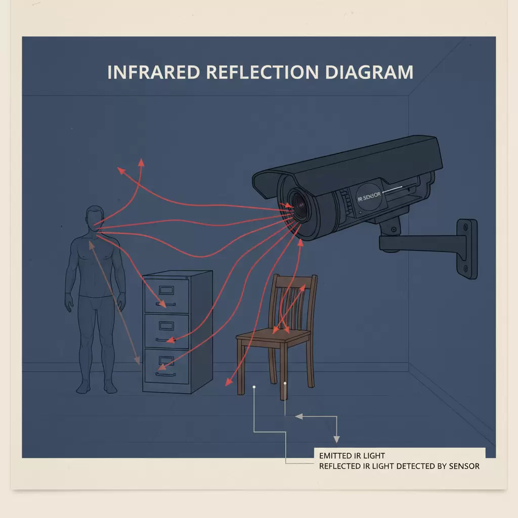 gemini_image_1768842065-1 Sơ đồ mô phỏng cách tia hồng ngoại phản xạ từ vật thể giúp camera ghi hình trong bóng tối
