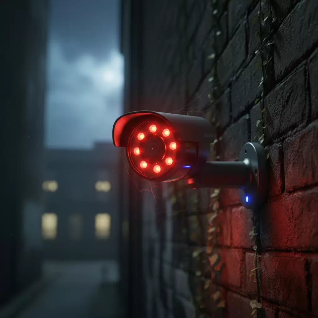 gemini_image_1768842065 Camera giám sát hiện đại với hệ thống đèn LED hồng ngoại hỗ trợ quan sát ban đêm