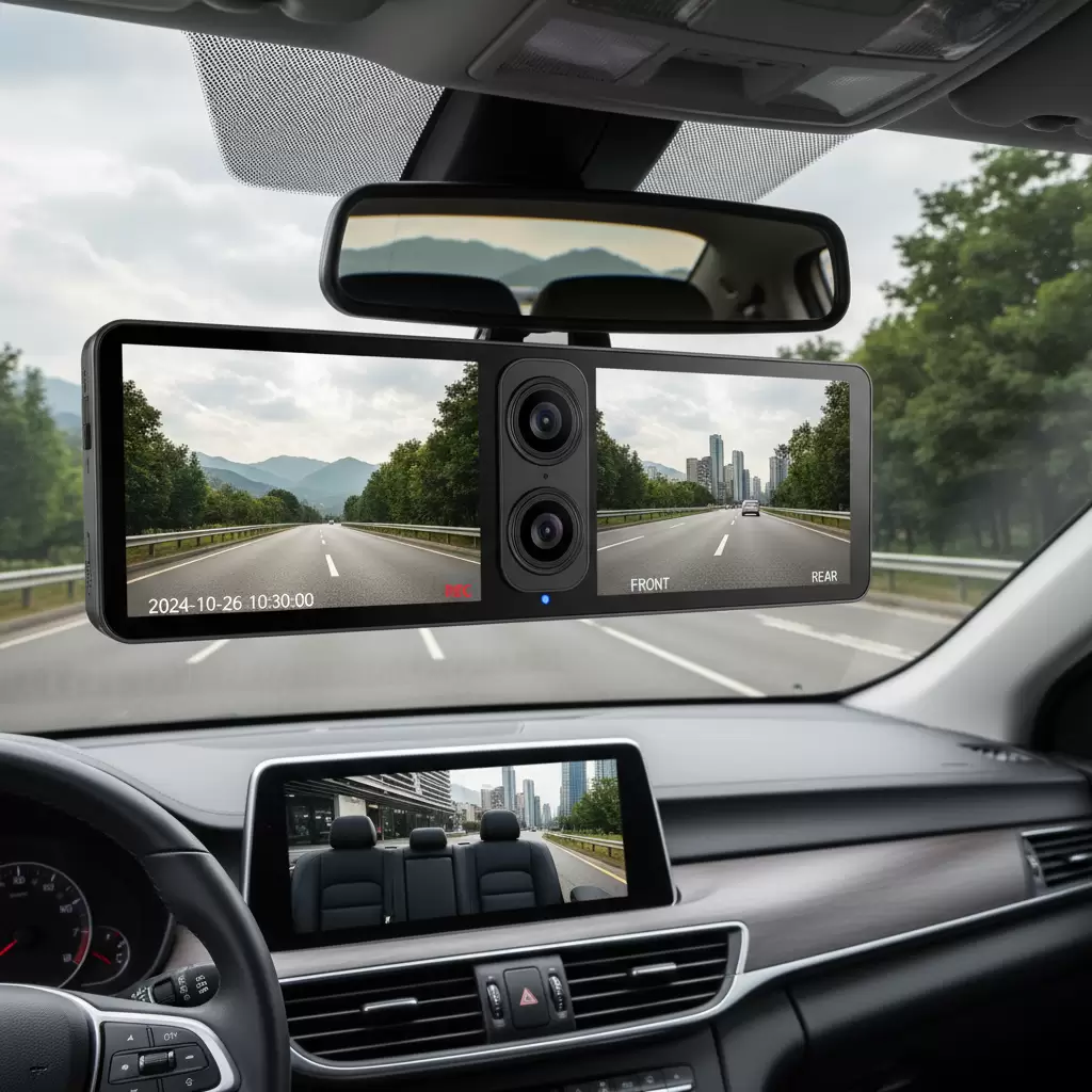 gemini_image_1768843860 Hệ thống camera hành trình ghi hình đồng thời phía trước và phía sau xe