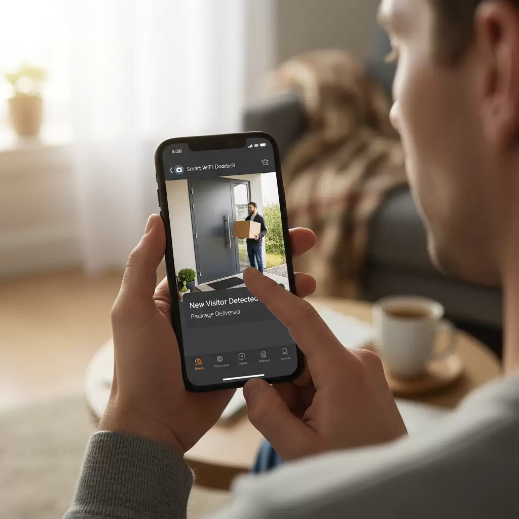 gemini_image_1768846859 Chuông cửa wifi cho phép quản lý và giao tiếp với khách từ xa qua điện thoại di động