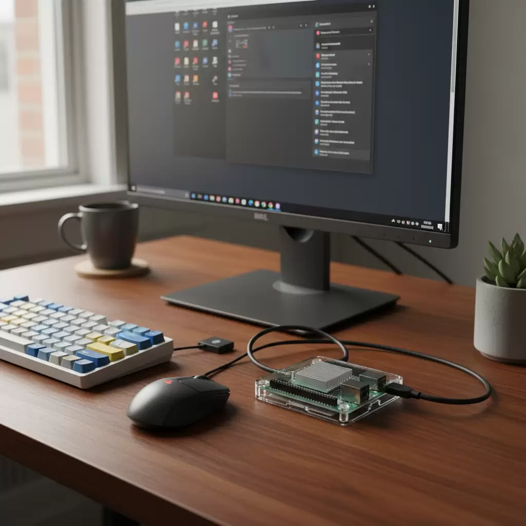 gemini_image_1768848645-1 Hệ thống Raspberry Pi hoàn chỉnh kết nối với màn hình và bàn phím chuột