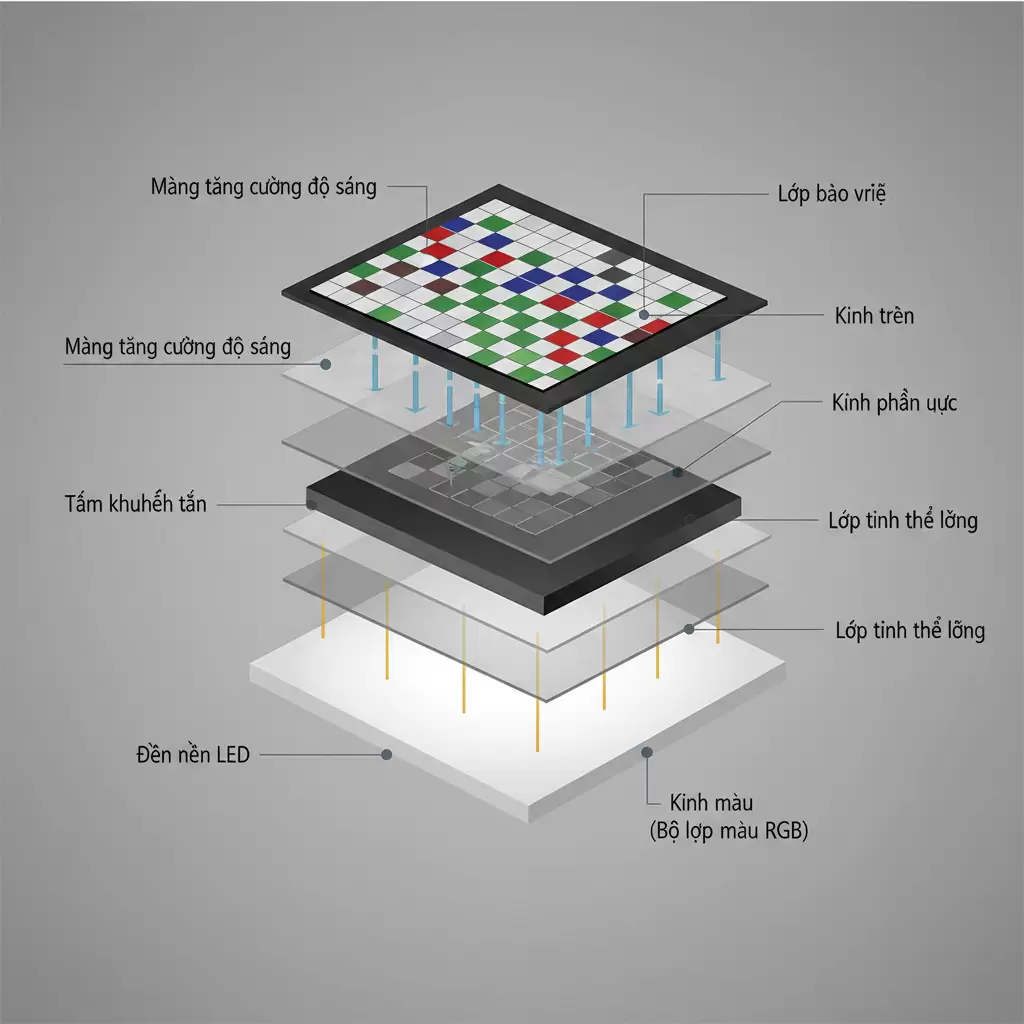 Sơ đồ cấu tạo đa lớp phức tạp của một tấm nền màn hình LCD tiêu chuẩn